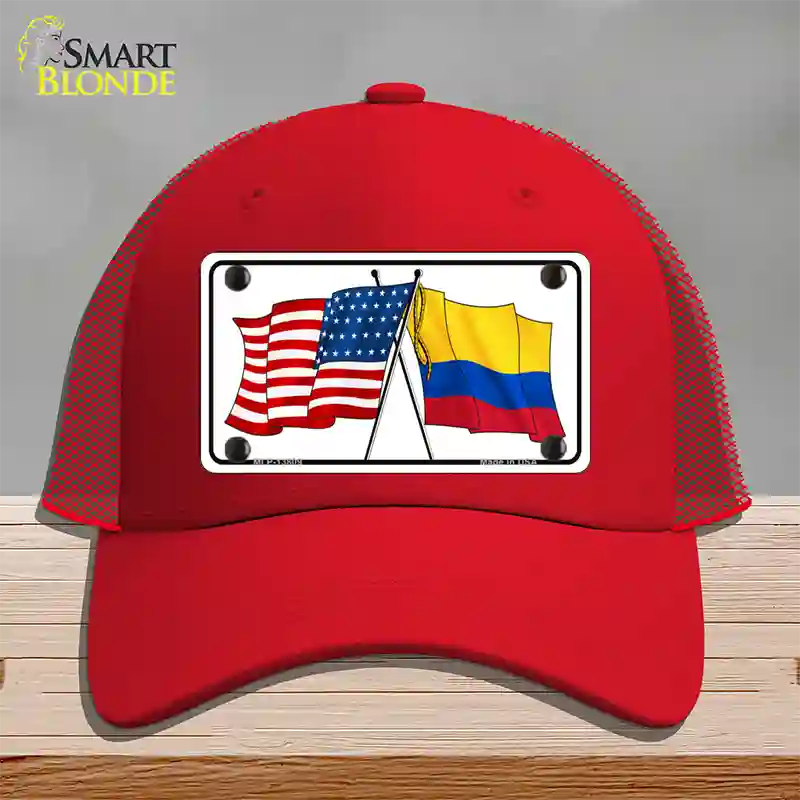 Colombia USA Crossed Flags Novelty License Plate Hat Tag Mesh / Red