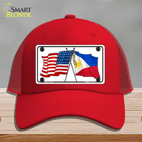 Philippines US Crossed Flag Novelty License Plate Hat Tag Mesh / Red