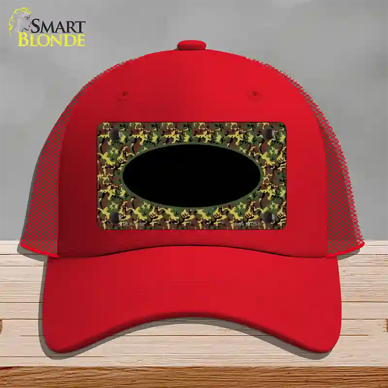 Green Camo Oval With Black Oval Center Novelty License Plate Hat Mesh / Red