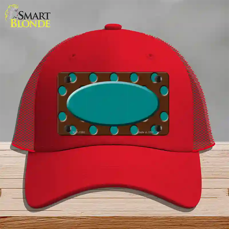 Teal Brown Polka Dot Center Oval Novelty License Plate Hat Mesh / Red