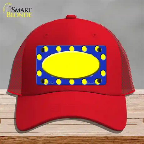 Yellow Royal Blue Polka Dot Center Oval Novelty License Plate Hat Mesh / Red