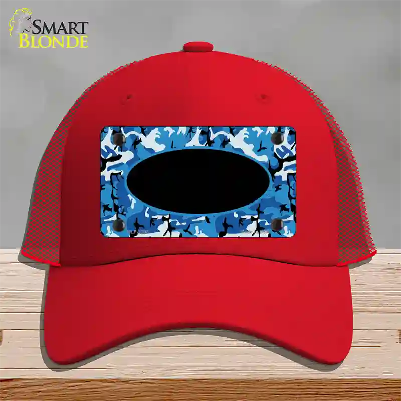 Blue Camo With Black Center Oval Novelty License Plate Hat Mesh / Red