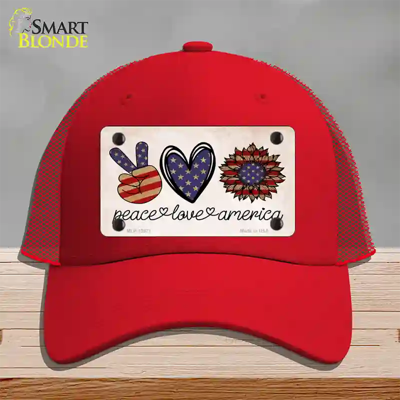 Peace Love America Novelty License Plate Hat Tag Mesh / Red