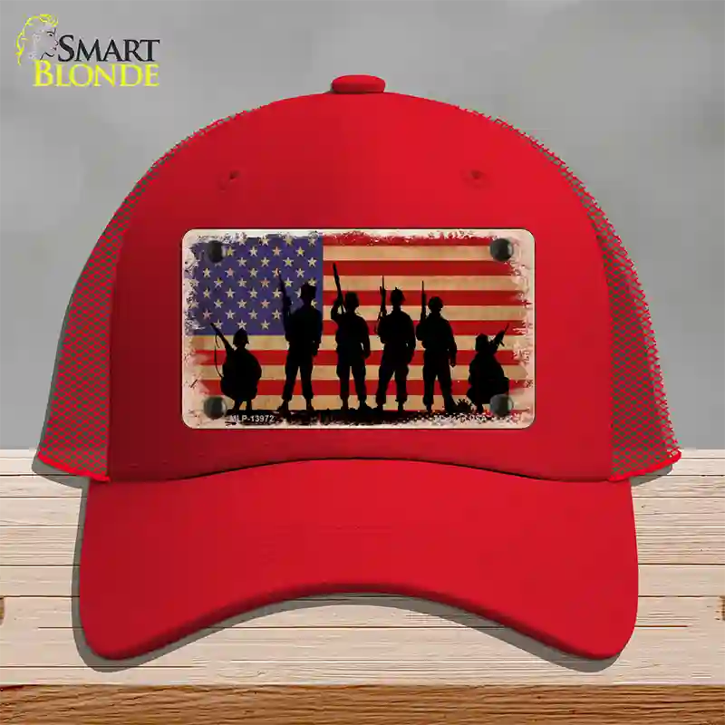 Military Soldiers American Flag Novelty License Plate Hat Tag Mesh / Red