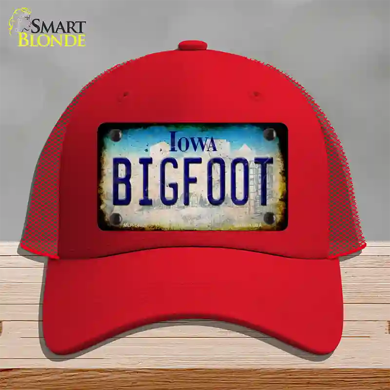 Bigfoot Iowa Novelty License Plate Hat Tag Mesh / Red