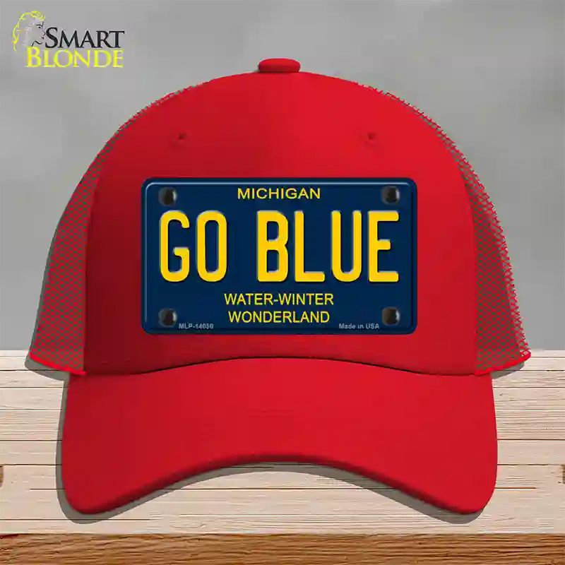 Go Blue Michigan Blue Novelty License Plate Hat Mesh / Red