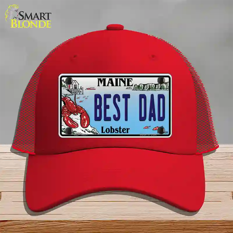 Best Dad Maine Lobster Novelty License Plate Hat Mesh / Red