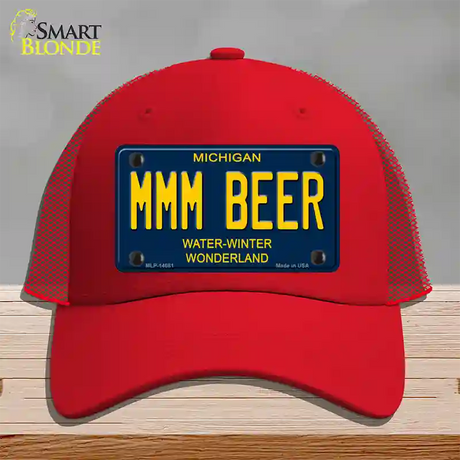 Mmm Beer Michigan Blue Novelty License Plate Hat Mesh / Red