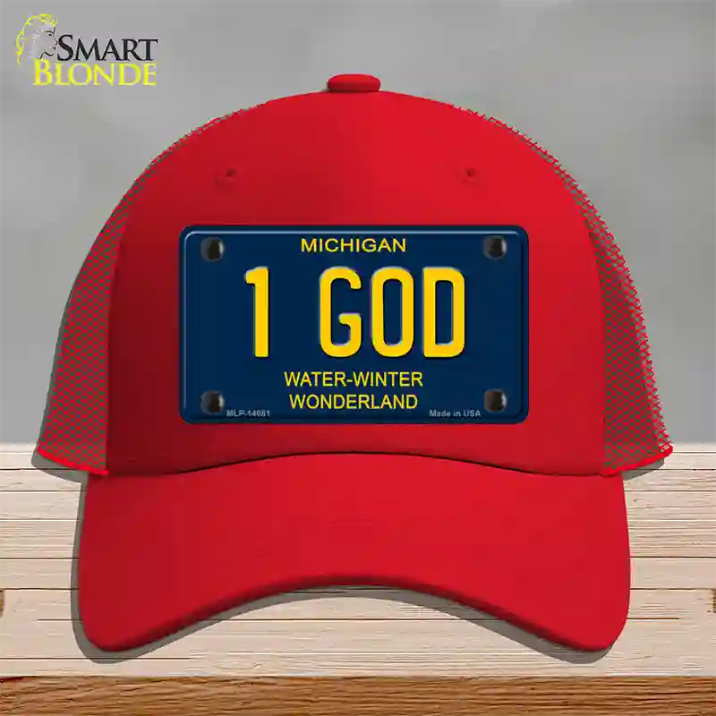 1 God Michigan Blue Novelty License Plate Hat Mesh / Red