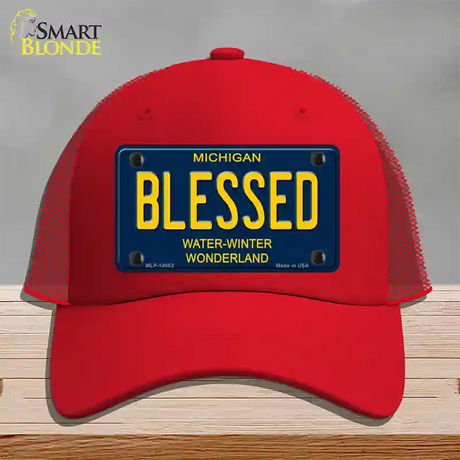 Blessed Michigan Blue Novelty License Plate Hat Mesh / Red