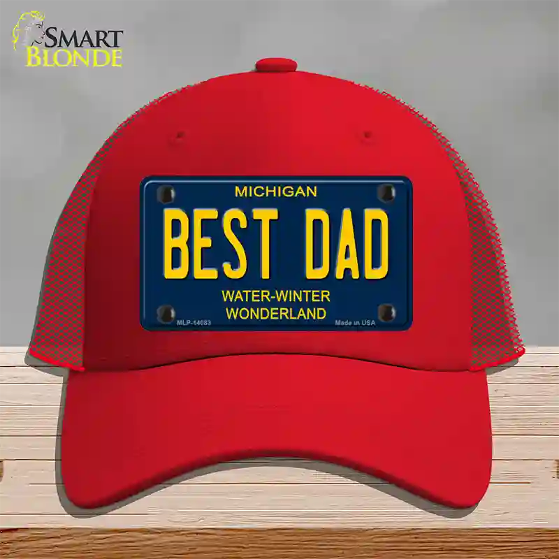 Best Dad Michigan Blue Novelty License Plate Hat Mesh / Red