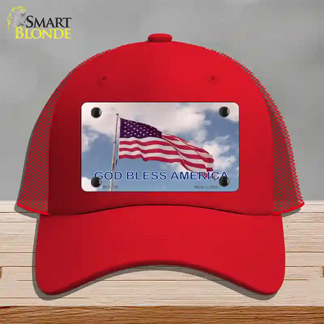 God Bless America Clouds Novelty License Plate Hat Mesh / Red