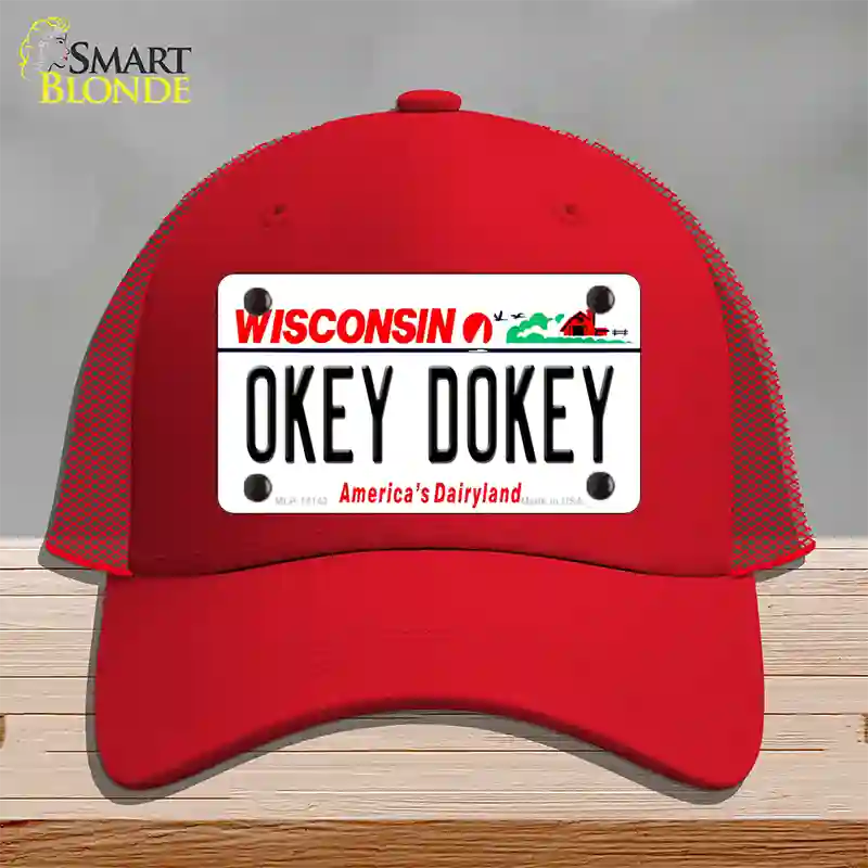 Okey Dokey Wisconsin State Background Novelty License Plate Hat Mesh / Red