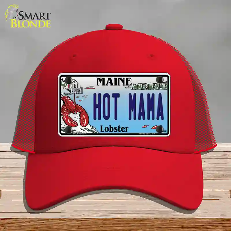 Hot Mama Maine Lobster Novelty License Plate Hat Mesh / Red