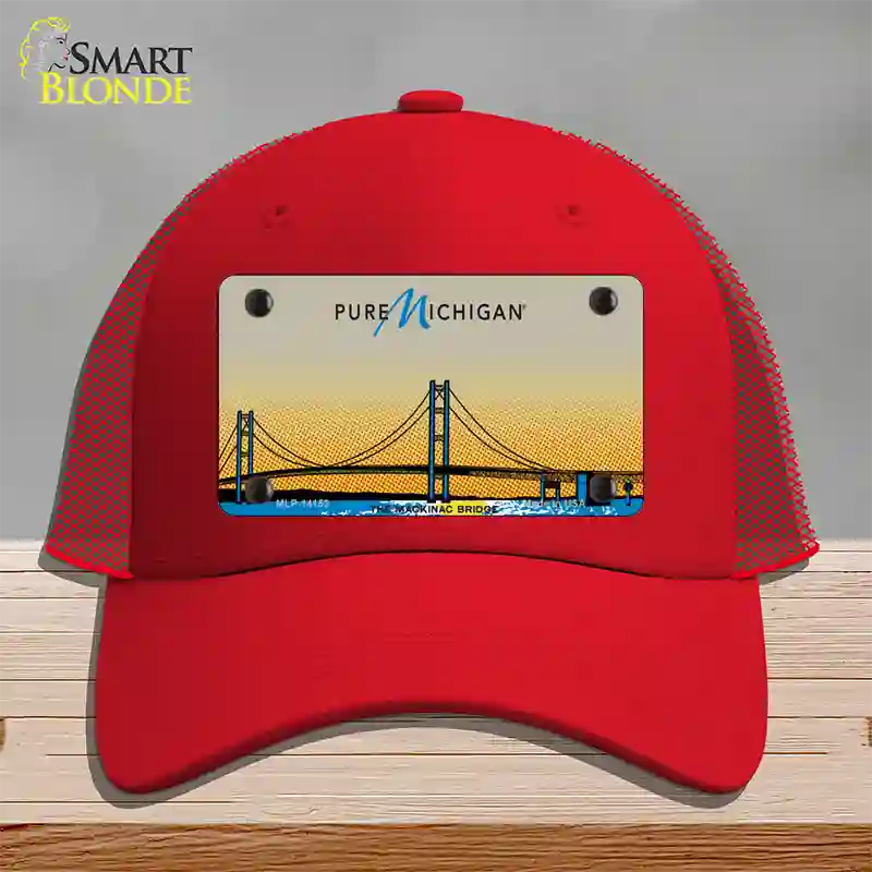 Pure Michigan Mackinac Bridge Novelty License Plate Hat Mesh / Red