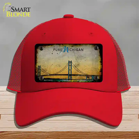 Pure Michigan Mackinac Bridge Rusty Novelty License Plate Hat Mesh / Red