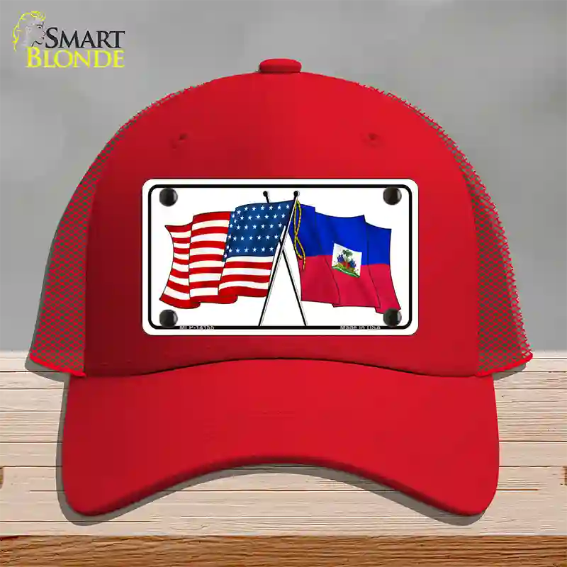 Haiti Crossed US Flag Novelty License Plate Hat Mesh / Red