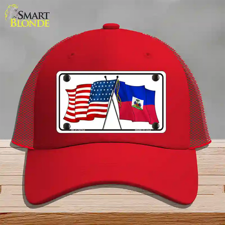 Haiti Crossed US Flag Novelty License Plate Hat Mesh / Red