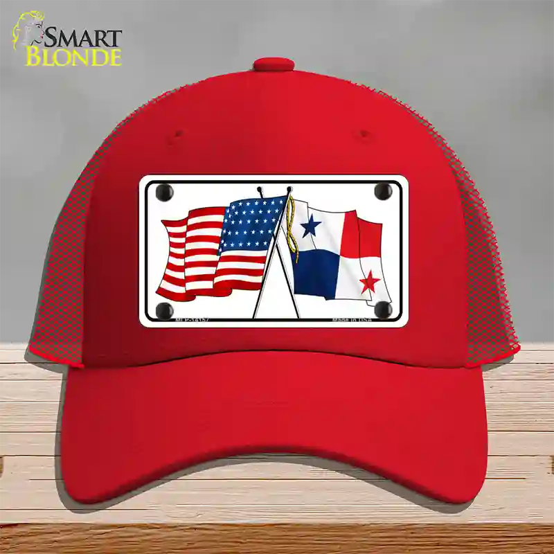 Panama Crossed US Flag Novelty License Plate Hat Mesh / Red