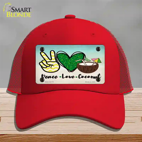 Peace Love Coconut Novelty License Plate Hat Mesh / Red