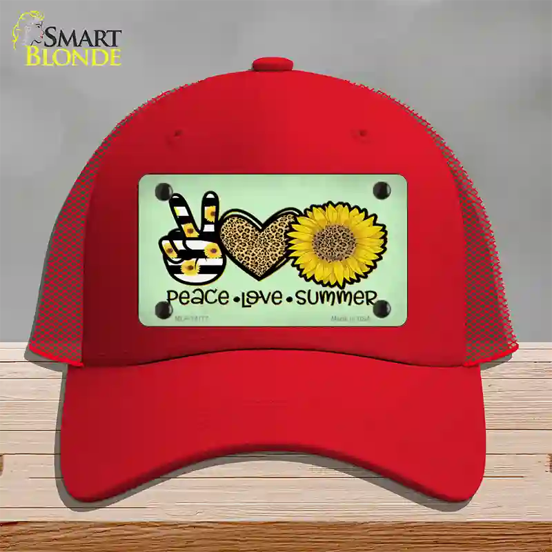 Peace Love Summer Sunflower Novelty License Plate Hat Mesh / Red