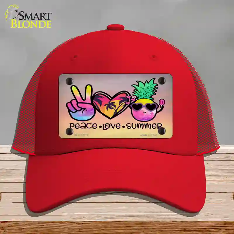 Peace Love Summer Novelty License Plate Hat Mesh / Red