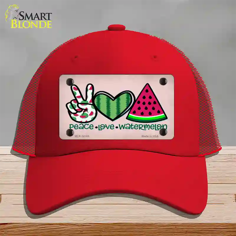 Peace Love Watermelon Novelty License Plate Hat Mesh / Red