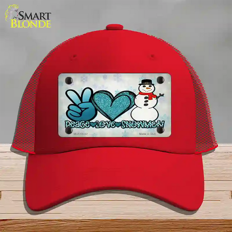 Peace Love Snowman Novelty License Plate Hat Mesh / Red