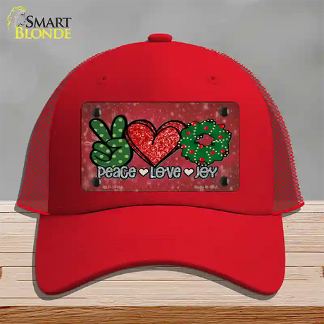 Peace Love Joy Novelty License Plate Hat Mesh / Red