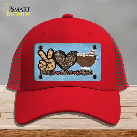 Peace Love Cocoa Novelty License Plate Hat Mesh / Red