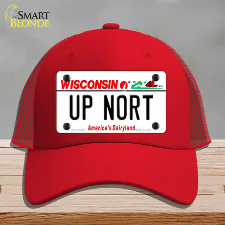 Up Nort Wisconsin Novelty License Plate Hat Mesh / Red