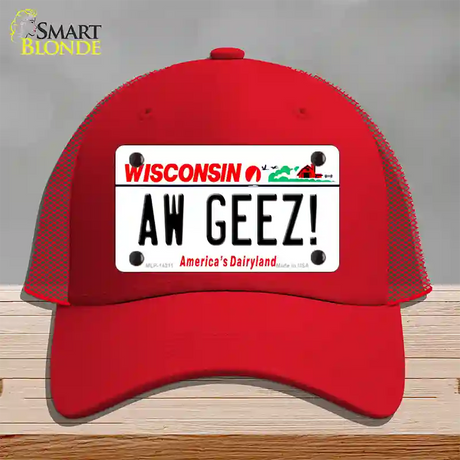 Aw Geez Wisconsin Novelty License Plate Hat Mesh / Red