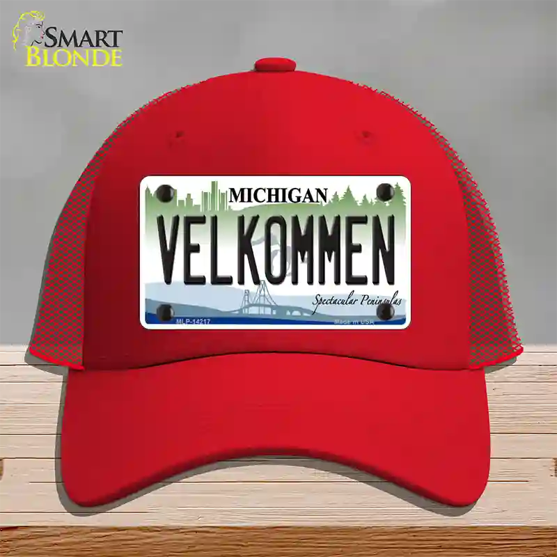 Velkommen Michigan Novelty License Plate Hat Mesh / Red