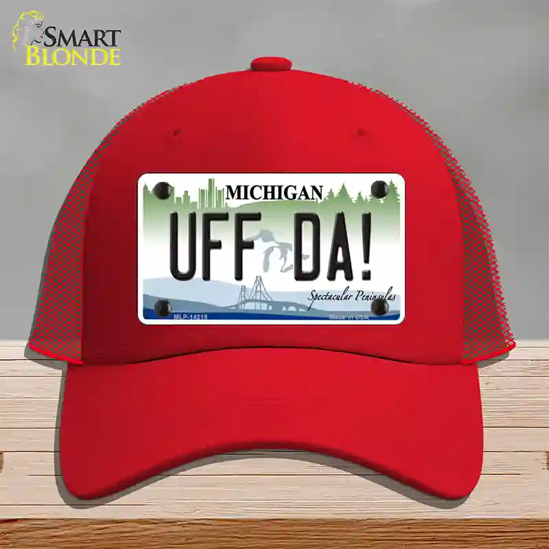 Uff Da Michigan Novelty License Plate Hat Mesh / Red