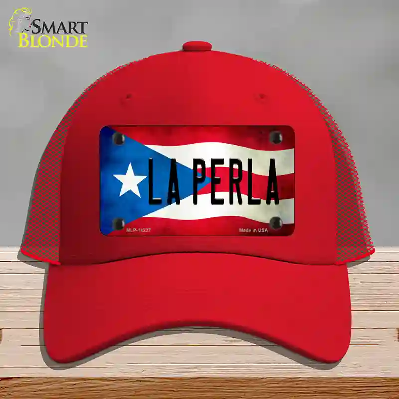 La Perla Puerto Rico Flag Novelty License Plate Hat Mesh / Red