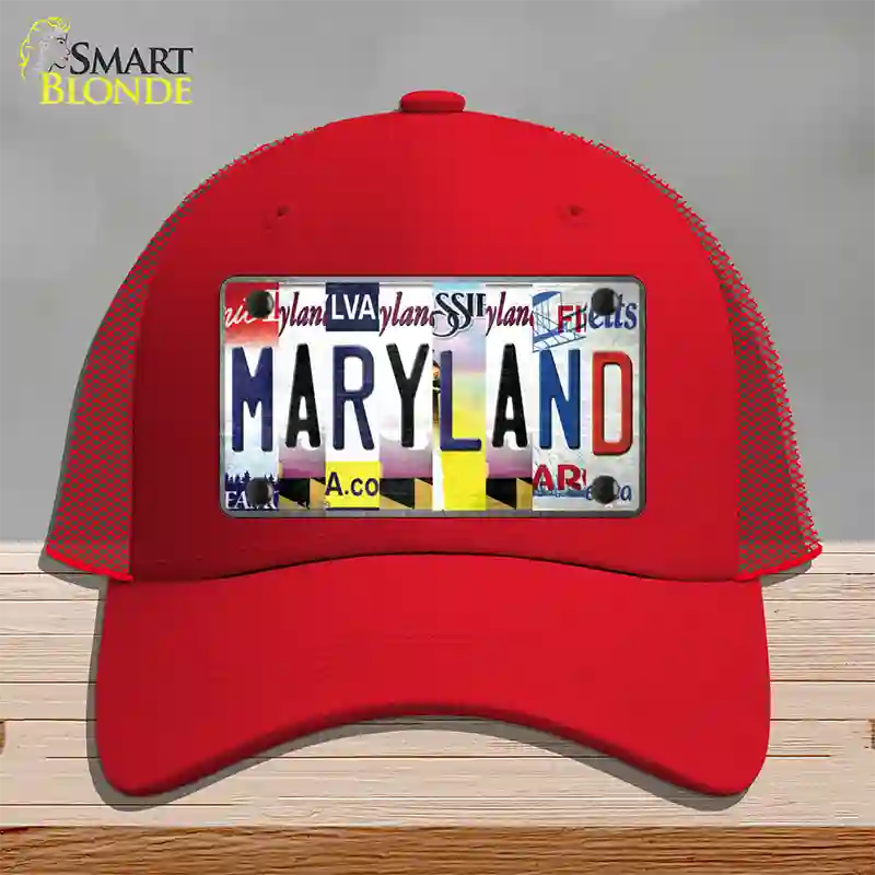 Maryland Strip Art Novelty License Plate Hat Mesh / Red