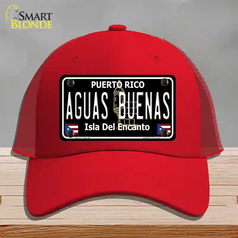 Aguas Buenas Puerto Rico Black Novelty License Plate Hat Mesh / Red