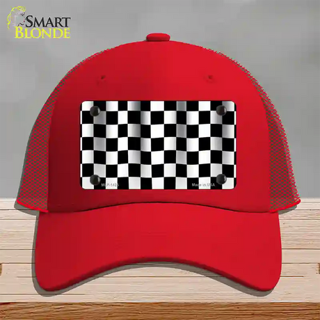 Waving Checkered Flag Novelty License Plate Hat Mesh / Red