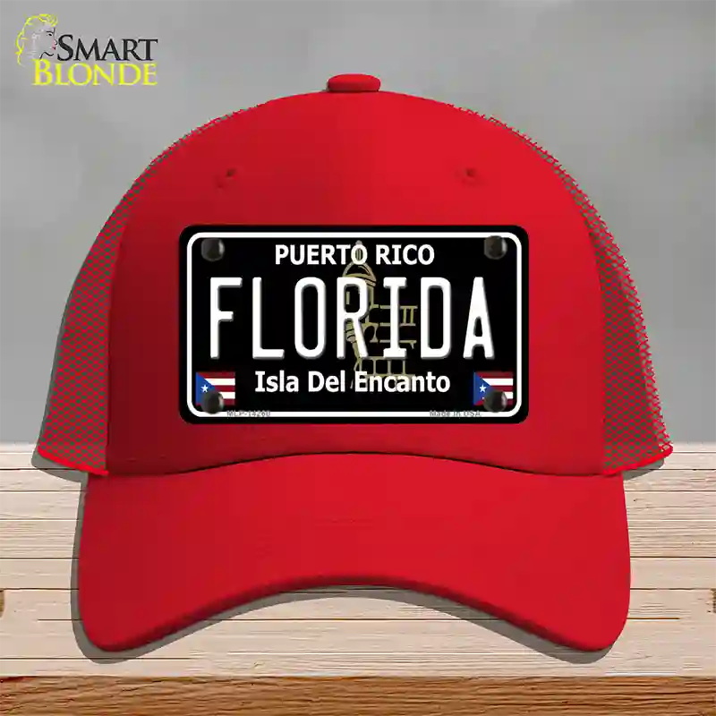 Florida Puerto Rico Black Novelty License Plate Hat Mesh / Red