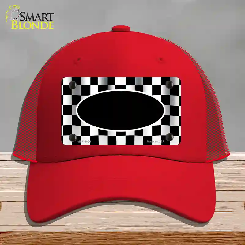 Waving Checkered Flag With Black Center Oval Novelty License Plate Hat Mesh / Red