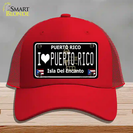 I Love Puerto Rico Black Novelty License Plate Hat Mesh / Red