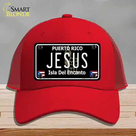 Jesus Puerto Rico Black Novelty License Plate Hat Mesh / Red