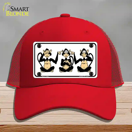 See Hear Speak Monkey Novelty License Plate Hat Mesh / Red