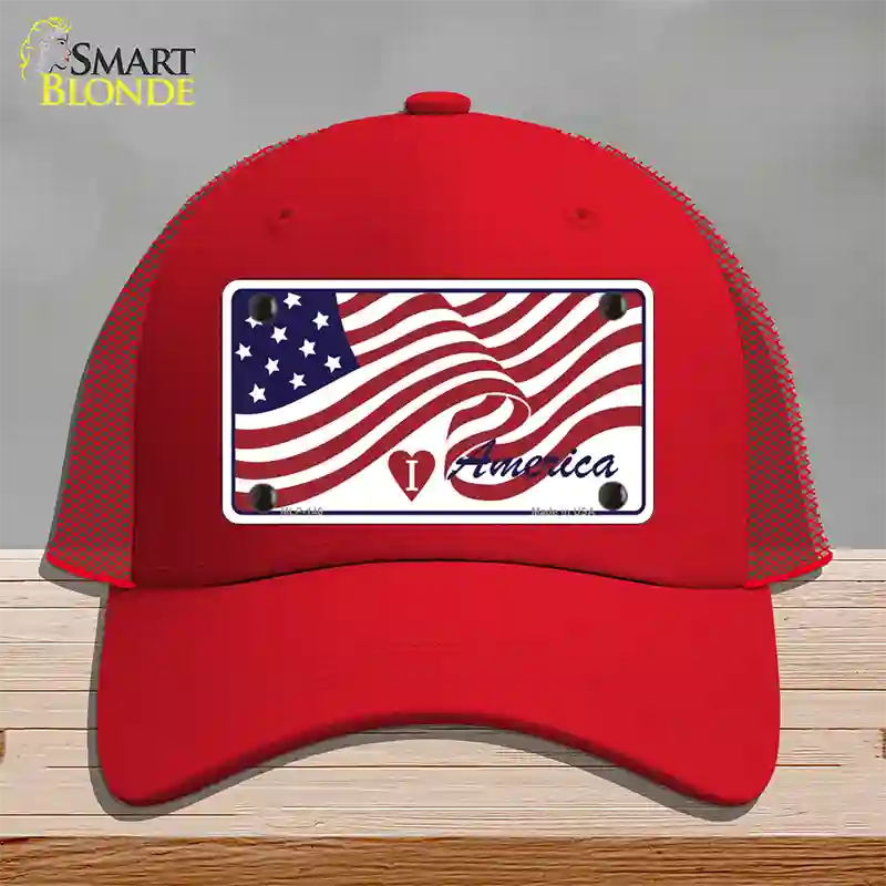 I Love America Flag Novelty License Plate Hat Mesh / Red