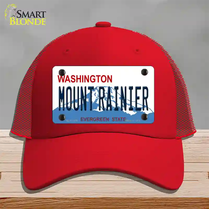 Mount Rainier Washington Novelty License Plate Hat Mesh / Red