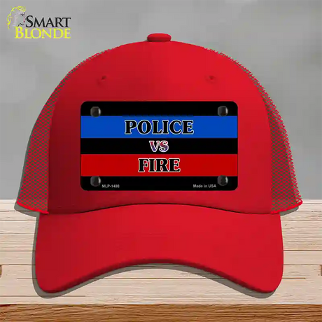 Police Vs. Fire Novelty License Plate Hat Mesh / Red