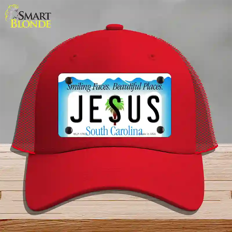 Jesus South Carolina Blue Novelty License Plate Hat Mesh / Red