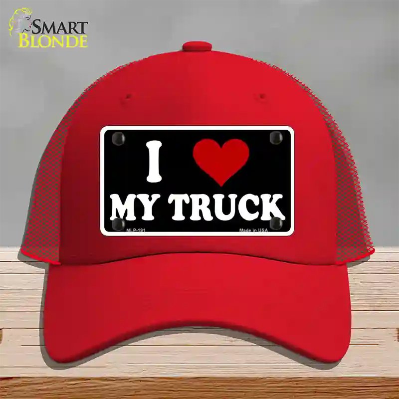 I Love My Truck Black Novelty License Plate Hat Mesh / Red