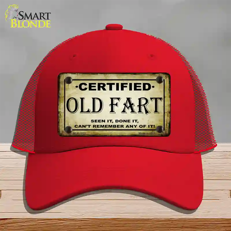 Certified Old Fart Novelty License Plate Hat Mesh / Red