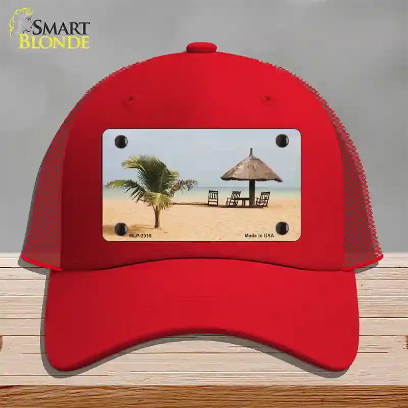 Tropical Beach Setting Novelty License Plate Hat Mesh / Red